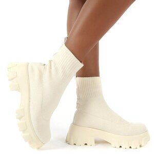 Public Desire Trust Ecru White Chunky Platform Sole Sock Ankle Boots Size 8 NIB